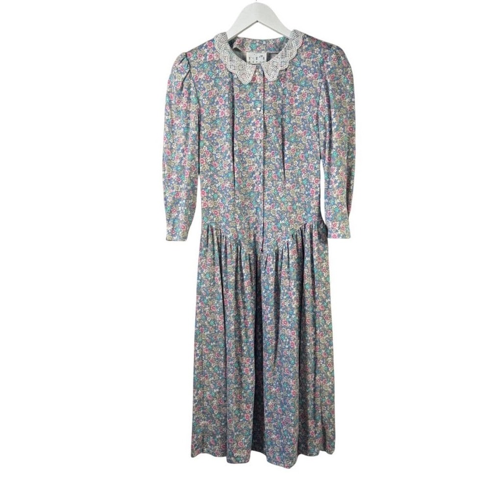 Vintage You Two Babes Floral Prairie Dress Lace Peter Pan Collar USA Size 11